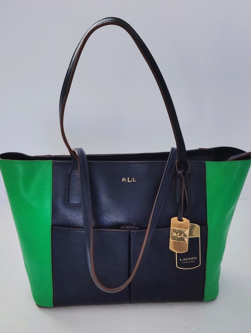 Lauren Ralph Lauren Black and Green Leather Tote. Pre-owned.